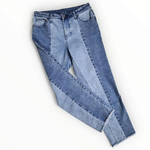 Two Toned Denim Mom Jeans Size 28 High Waisted Raw Hem Cropped - Picture 3 of 13